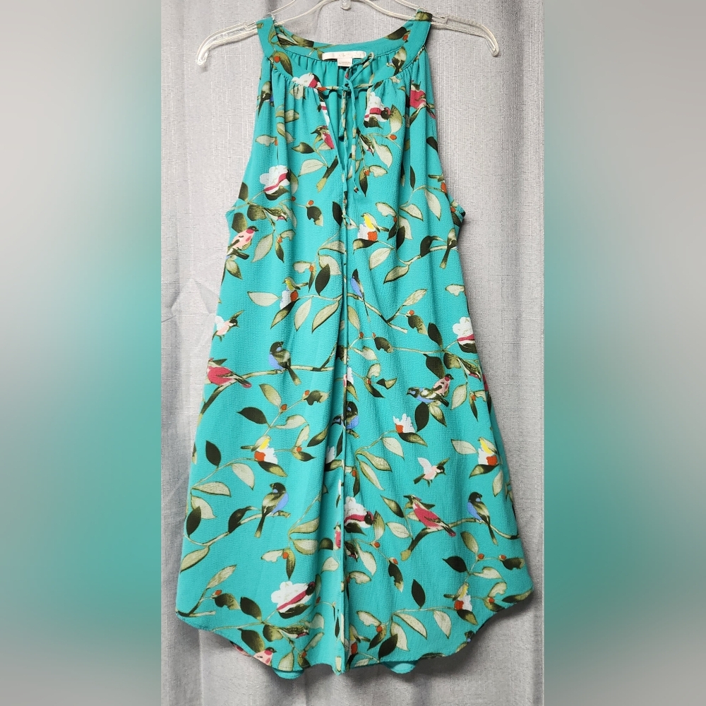 C & E Green Lined Sleeveless Dress w/ Bird Design - Women's L Large